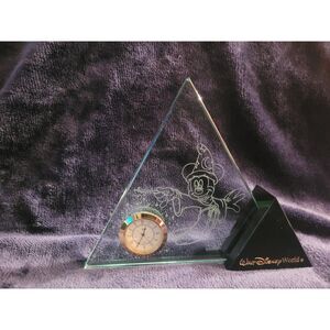 Disney World Mickey Mouse Time Works Glass Pyramid Desk Clock w/ Box Rare